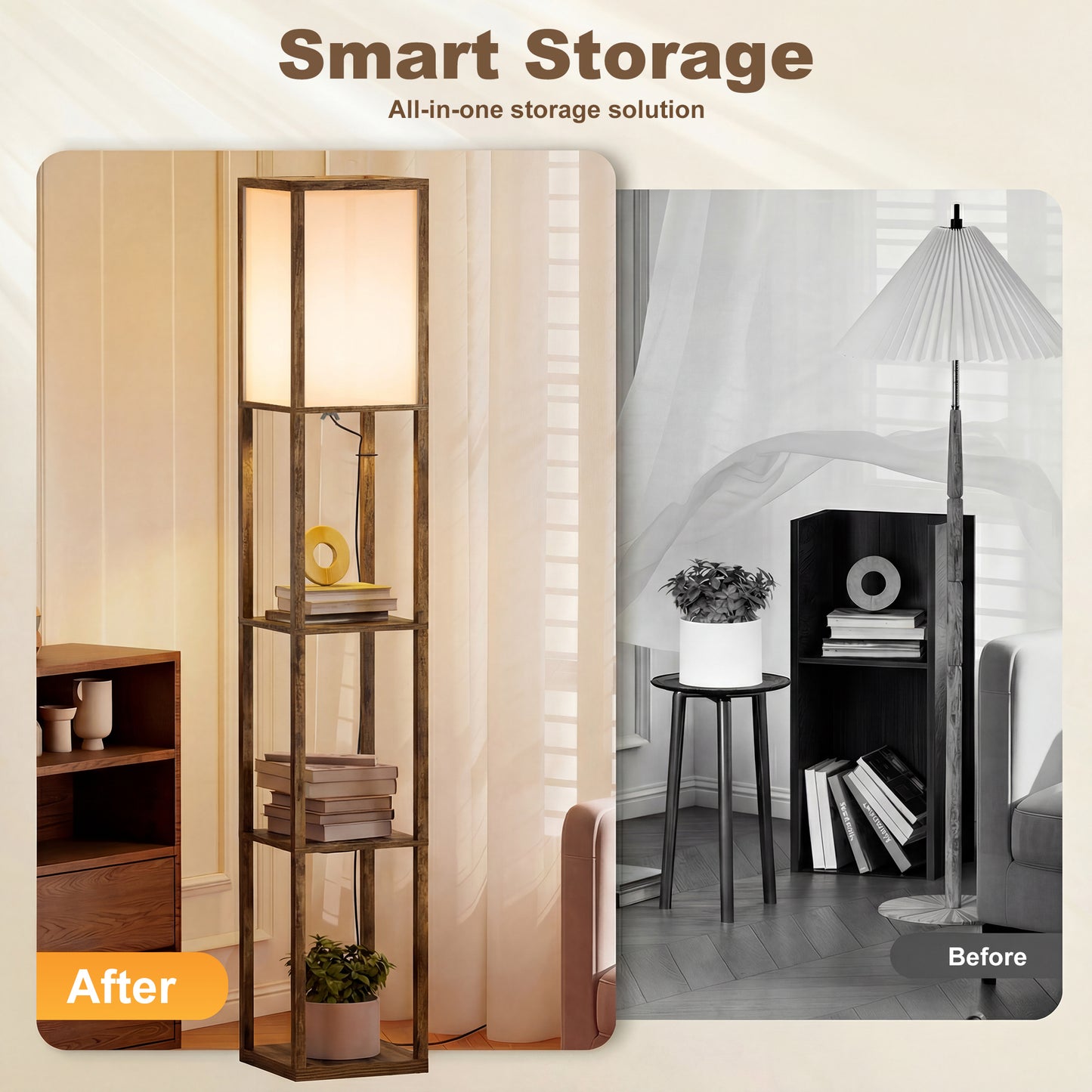 HOMCOM 3-Tier Floor Lamp with Shelves and Storage, Modern Corner Standing Lamp with Lampshade, Reading Light with Foot Switch for Living Room, Bedroom, Home Office, Bulb not Included, Brown