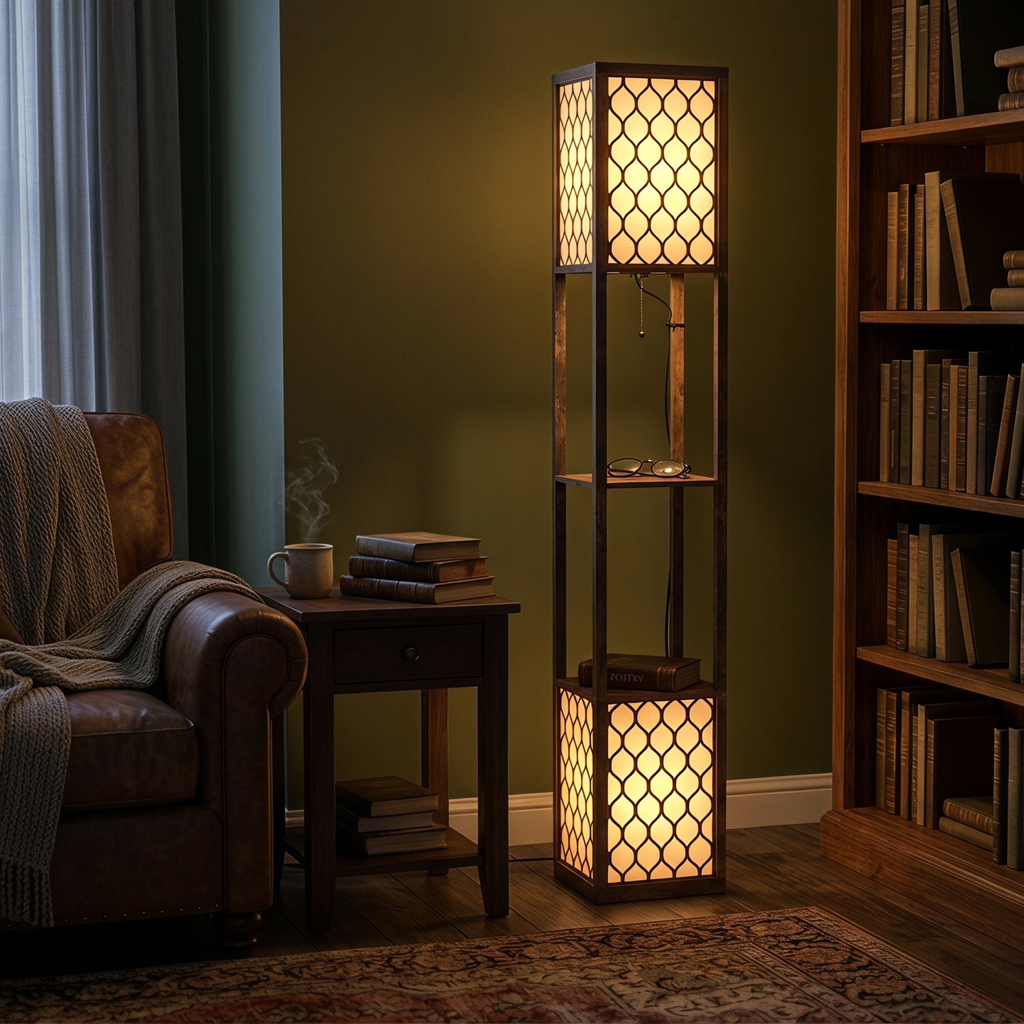 HOMCOM Floor Lamp with Shelves, Modern Tall Standing Lamp with Fabric Lampshades, Zipper Switch and Dual Light, Rustic Brown