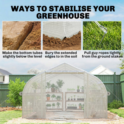 Outsunny 4 x 3(m) Walk-in Polytunnel Greenhouse, Zipped Roll Up Sidewalls, Mesh Door, 8 Mesh Windows, Tunnel Warm House Tent with PE Cover, Complimentary Plant Labels and Gloves, White