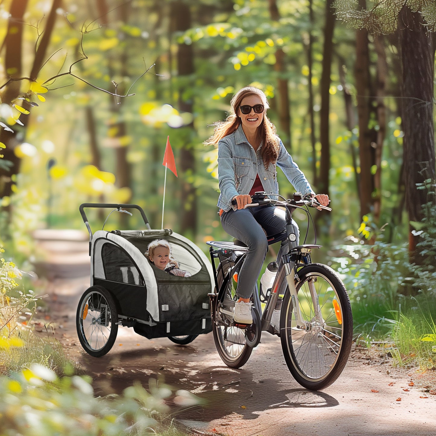 HOMCOM 2 Seat Bike Trailer with 5 Point Harness, Baby Bike Stroller with Safety Flag, Reflectors, for 18+ Months, Black