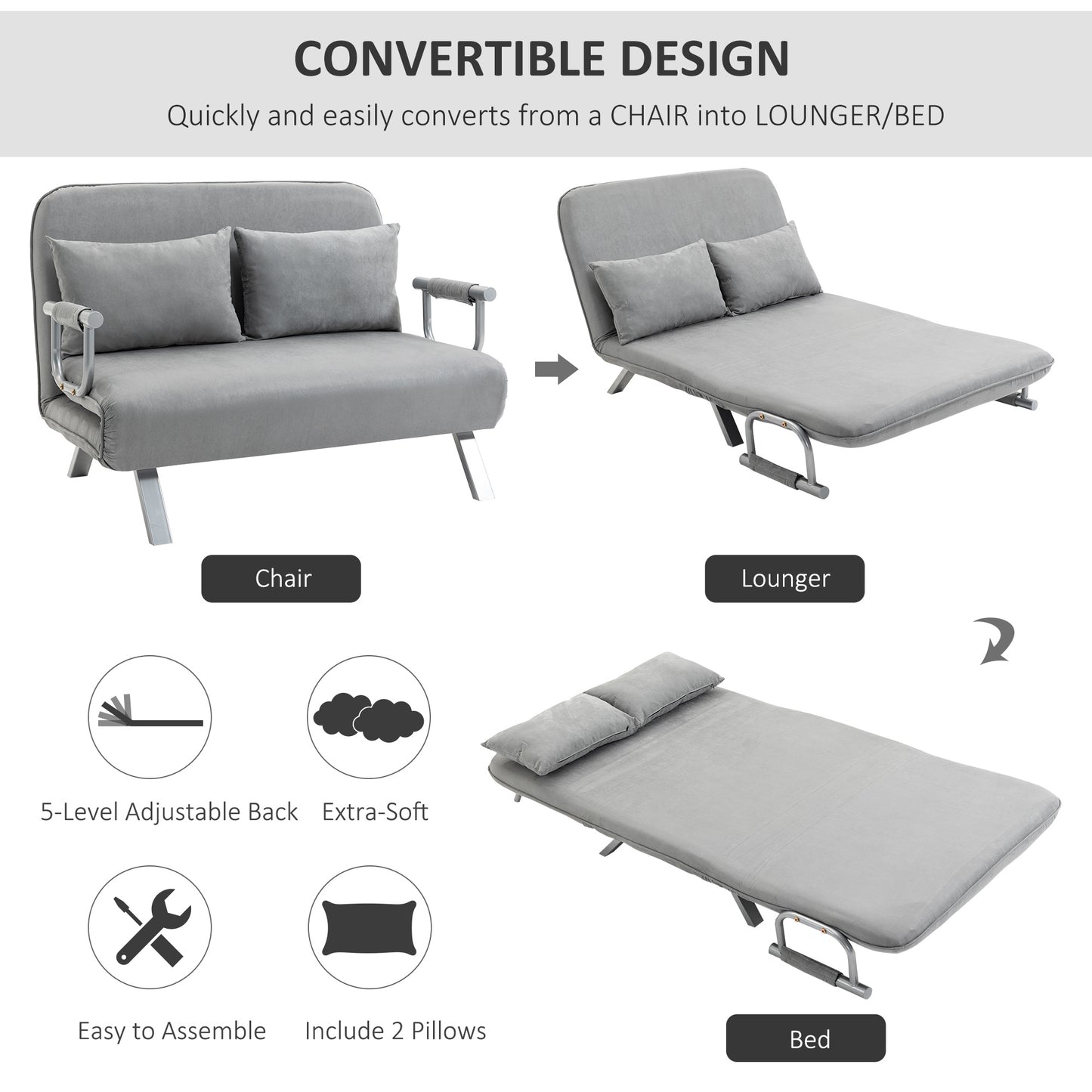 HOMCOM Two-Seater Click-Clack Sofa Bed with Pillows - Light Grey