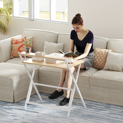HOMCOM 81.5 cm Folding Computer Desk with Monitor Shelf - Natural Wood Finish