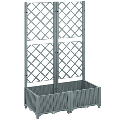Outsunny Raised Garden Bed with Trellis, Plastic Planter Box with Drainage Holes, Drain Plugs and Water Reservoirs for Climbing Plants, Vegetables, Flowers, Grey