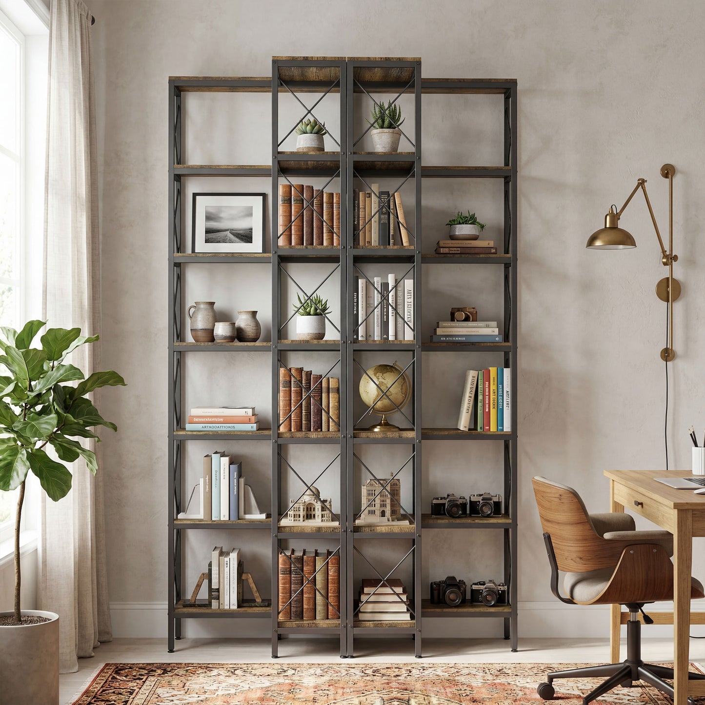HOMCOM 6-Tier L-Shaped Bookshelf, Freestanding Corner Bookcase with Metal Frame, Rustic Brown