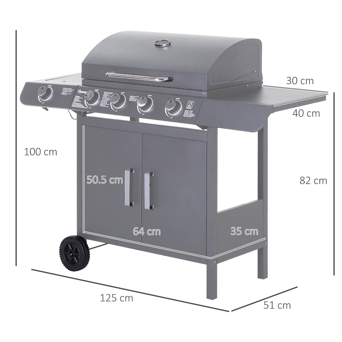 Outsunny 4+1 Burner Gas BBQ Grill, Outdoor Barbecue Trolley with Wheels, Warming Rack, Side Shelves, Cabinet, Thermometer for Garden, Party, Camping, 125L x 51W x 100Hcm, Grey