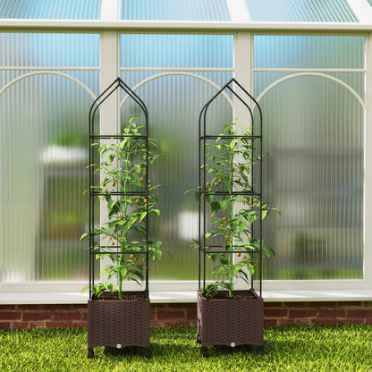 Outsunny Raised Garden Bed with Trellis, Tomato Cage with Lockable Wheels, Self Watering Planter Box with Drainage Holes, Brown