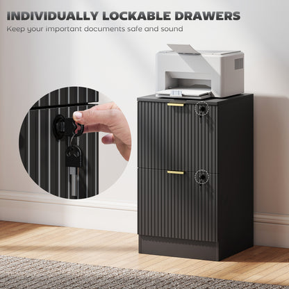 HOMCOM Filing Cabinet, Fluted Vertical File Cabinet with 2 Lockable Drawers and Hanging Rails, Black