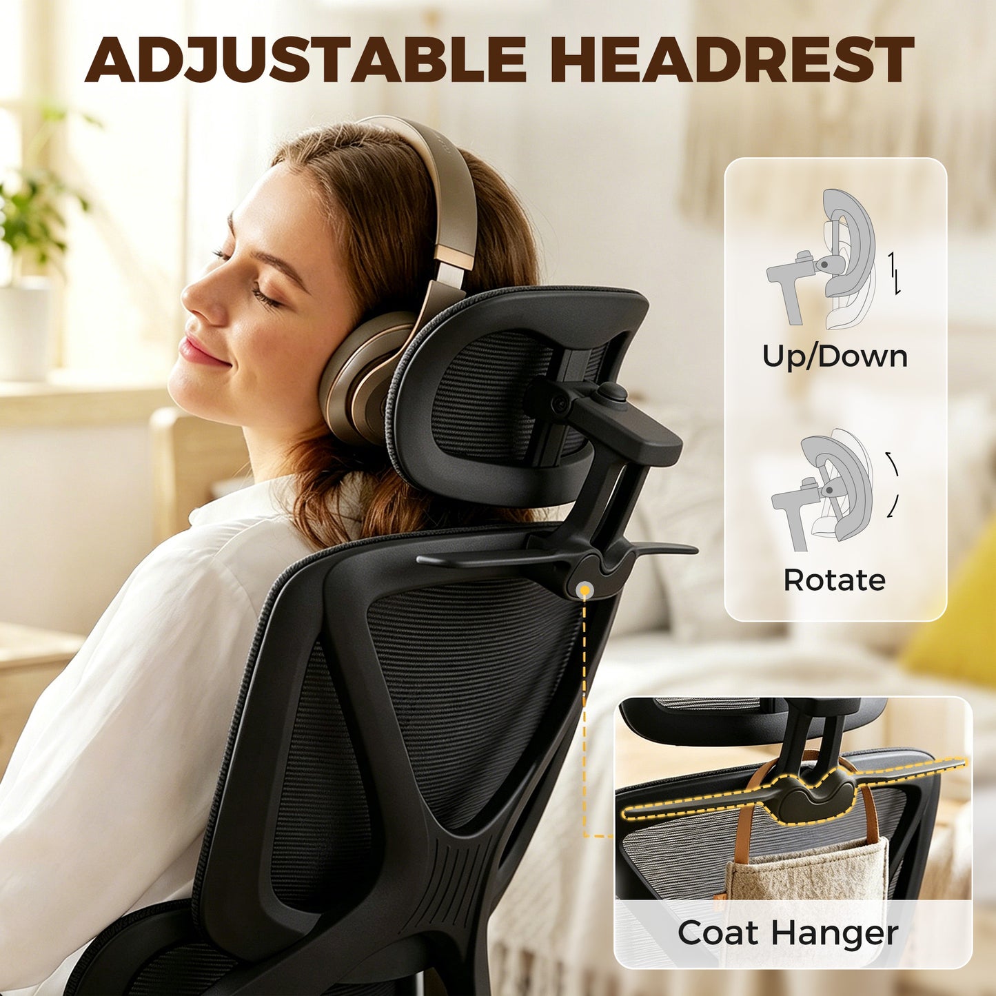HOMCOM Mesh Desk Chair with 3D Armrests, Ergonomic Office Chair with Rotatable Headrest, Black
