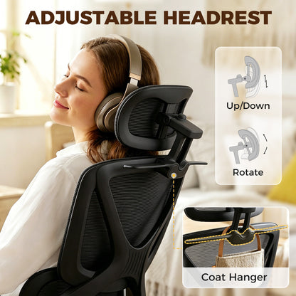HOMCOM Mesh Desk Chair with 3D Armrests, Ergonomic Office Chair with Rotatable Headrest, Black