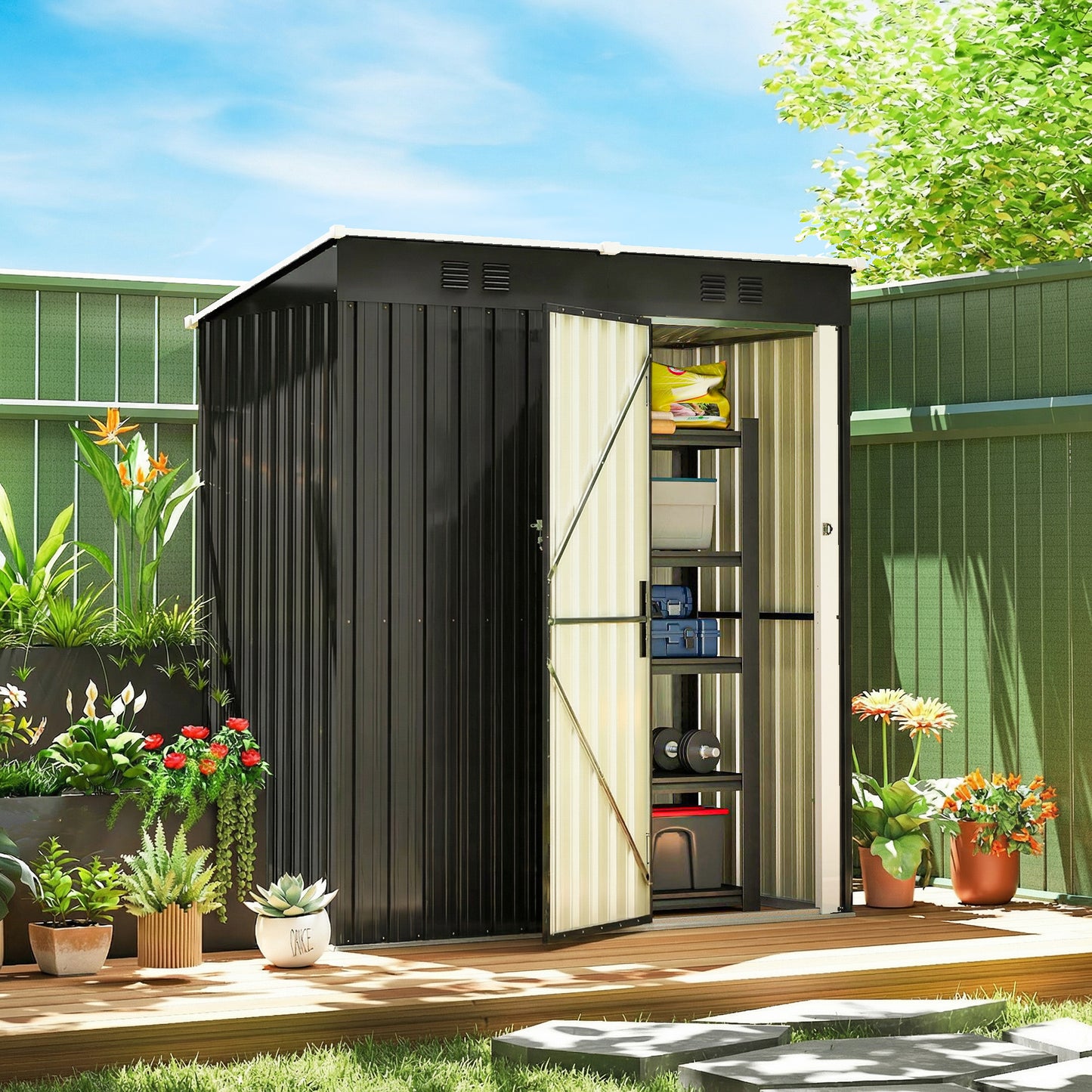Outsunny 5 x 3 ft Lean-to Garden Shed, Outdoor Storage Shed with Lockable Door and Vents, Dark Grey