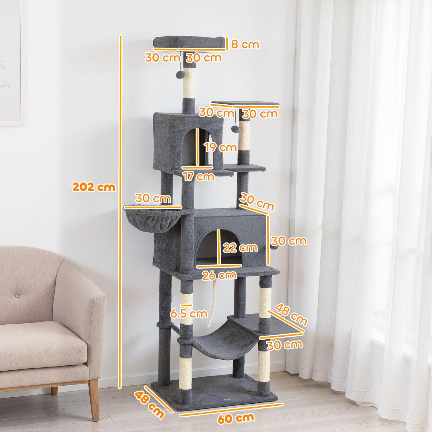 PawHut 202cm Large Cat Tree with 6 Scratching Posts, 2 Hammocks, 2 Condos, 2 Perches, Pompoms, for Indoor Cats to Rest and Play--ChewyGames-ChewyGames