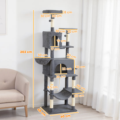 PawHut 202cm Large Cat Tree with 6 Scratching Posts, 2 Hammocks, 2 Condos, 2 Perches, Pompoms, for Indoor Cats to Rest and Play--ChewyGames-ChewyGames
