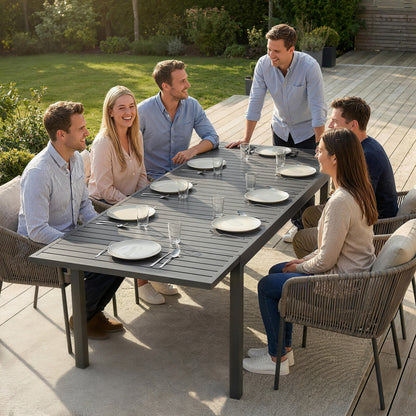 Outsunny Extending Garden Table for 6-8 People, Full Aluminium Outdoor Dining Table with Slatted Top, Dark Grey