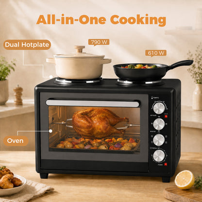 HOMCOM 36L Mini Oven with Dual Hot Plates, Electric Countertop Cooker with Convection, 90–230°C Adjustable Temperature
