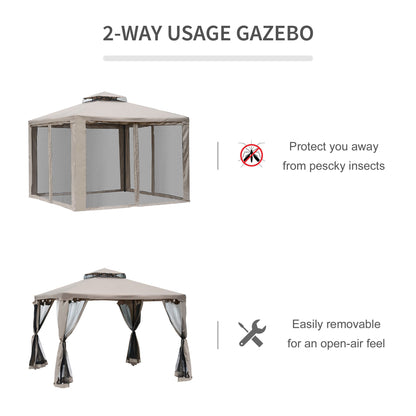 Outsunny Outdoor Gazebo, 2-tier Roof with Netting, 295L x 295W x 263Hcm-Taupe
