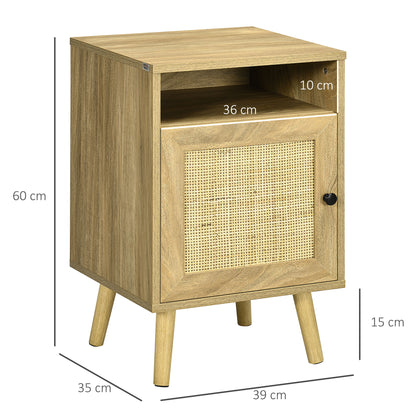 HOMCOM Bedside Table with Rattan Element, Side End Table with Shelf and Cupboard, 39cmx35cmx60cm, Natural