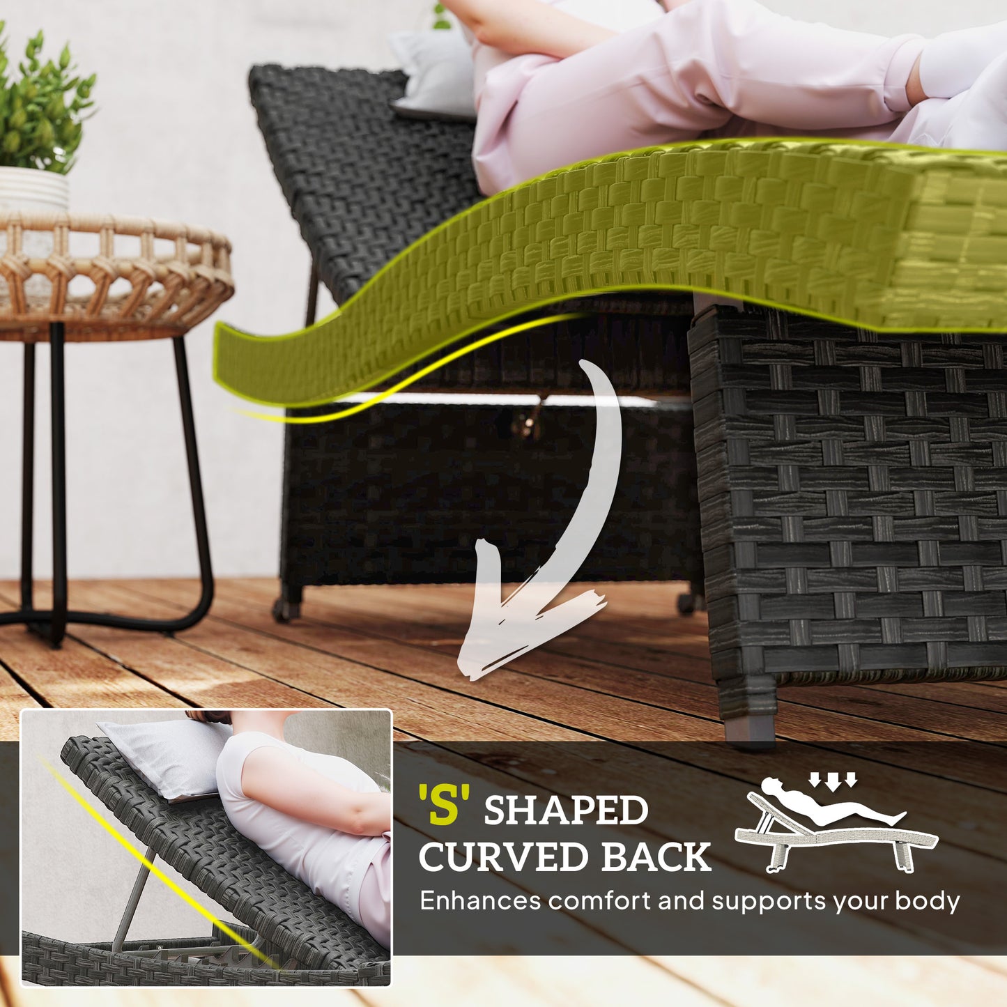 Outsunny Outdoor PE Rattan Sun Lounger, Folding Wicker Garden Lounger Recliner with 4-Level Adjustable Backrest, Rolling Sunbed Lounge Chair with Wheels, Non-Slip Legs for Balcony, Beach, Black