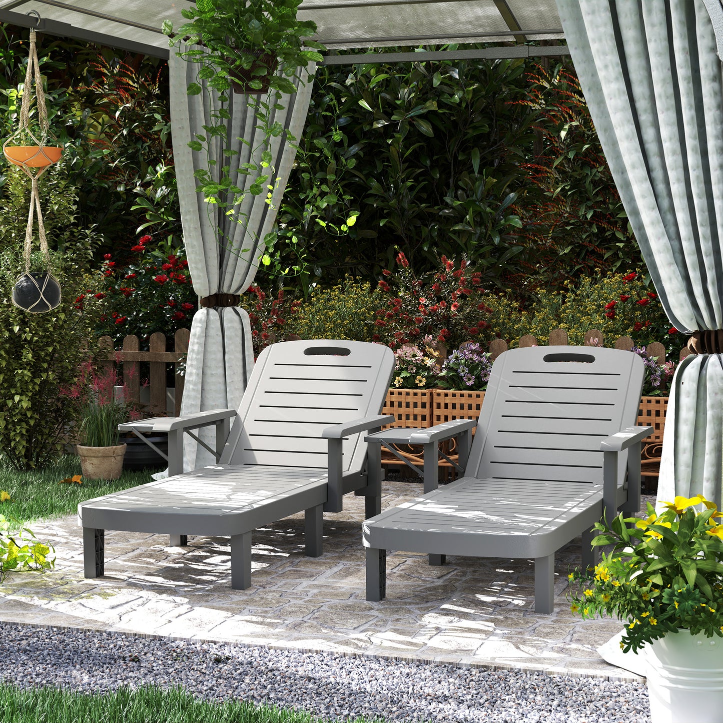 Outsunny Set of 2 Reclining Sun Loungers, 5 Positions Adjustable Outdoor Chaise Lounge Chair with Armrests, Dark Grey