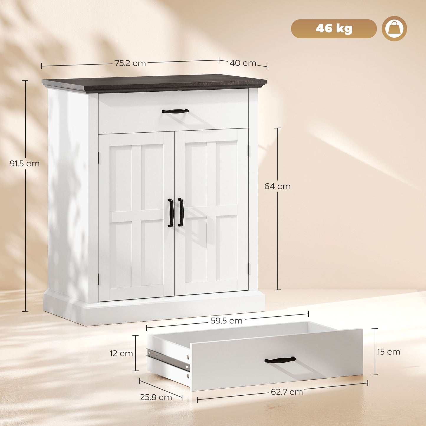 HOMCOM Farmhouse Sideboard with 3 cm Thick Top 2 Barn Doors - White