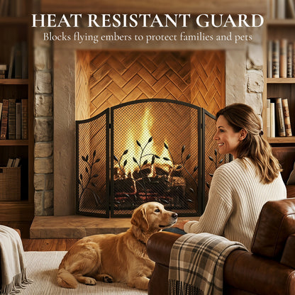 HOMCOM 3-Panel Folding Fireplace Screen for Hearth Protection, Heat-Resistant Metal Fire Spark Guard, Black
