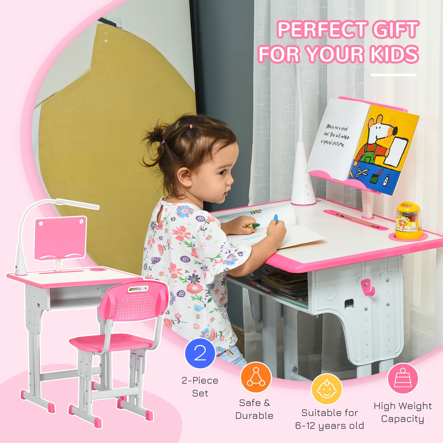 HOMCOM Kids Desk and Chair Set Adjustable Height Study Table Set with Drawer, Book Stand, Pen Slot - Pink