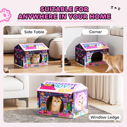 PawHut 2 in 1 Gaming Style Cardboard Cat House with Scratching Board & Catnip for Indoor Cats, Pink