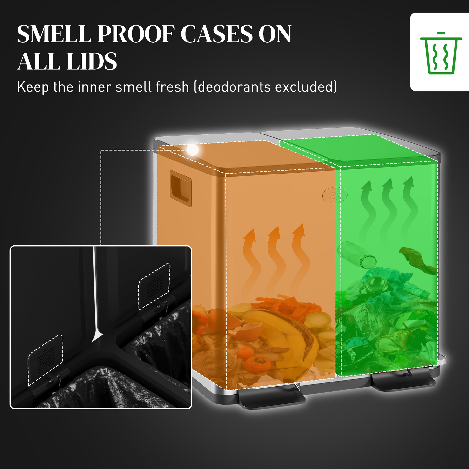 HOMCOM 30L Dual Compartment Stainless Steel Bin, with Deodoriser Holders - Silver Tone--ChewyGames-ChewyGames