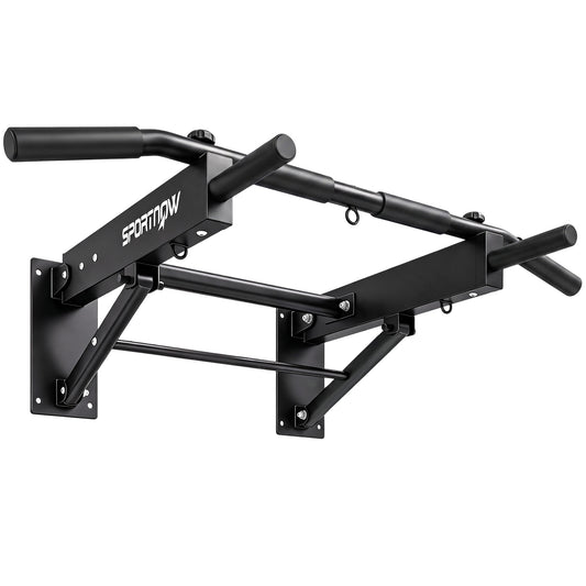 SPORTNOW Pull Up Bar Wall Mounted Chin Up Bar with Folding Design, 3 Hooks for Resistance Bands, Supports up to 120 kg, Black