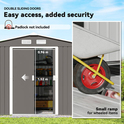 Outsunny 9 x 6FT Outdoor Garden Roofed Metal Storage Shed Tool Box with Foundation Ventilation & Doors Light, Grey