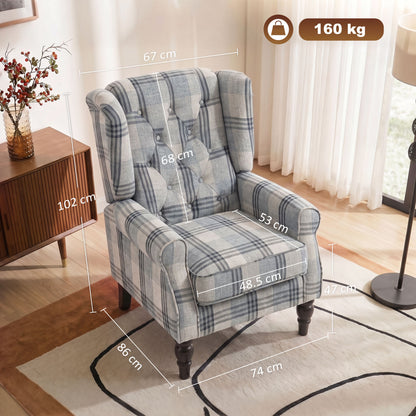 HOMCOM Faux Linen Armchair with Thick Spring Cushion, Wingback Accent Chair with High Back, Solid Wood Legs, Mixed Plaid