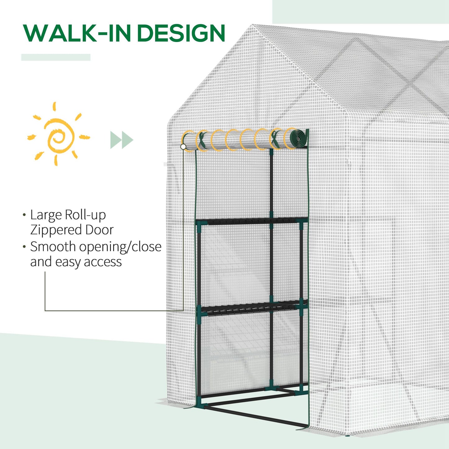 Outsunny Walk In Greenhouse with 2 Tier Shelf, Portable Gardening Plant Grow House Tomato Greenhouse with Roll up Zip Panel Door, Reinforced PE Cover, 143 x 143 x 195cm, Green