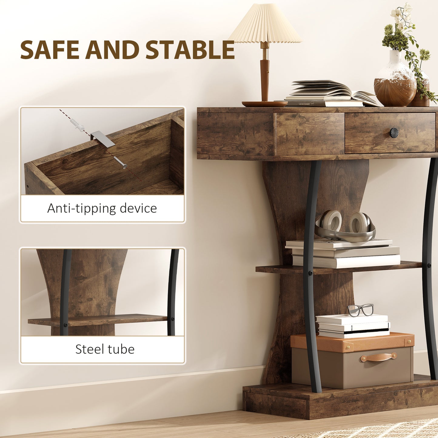 HOMCOM Console Table, 3-Tier Industrial Hallway Table with Drawer, Storage Shelves, 91 x 32 x 87 cm, Rustic Brown