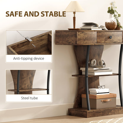 HOMCOM Console Table, 3-Tier Industrial Hallway Table with Drawer, Storage Shelves, 91 x 32 x 87 cm, Rustic Brown