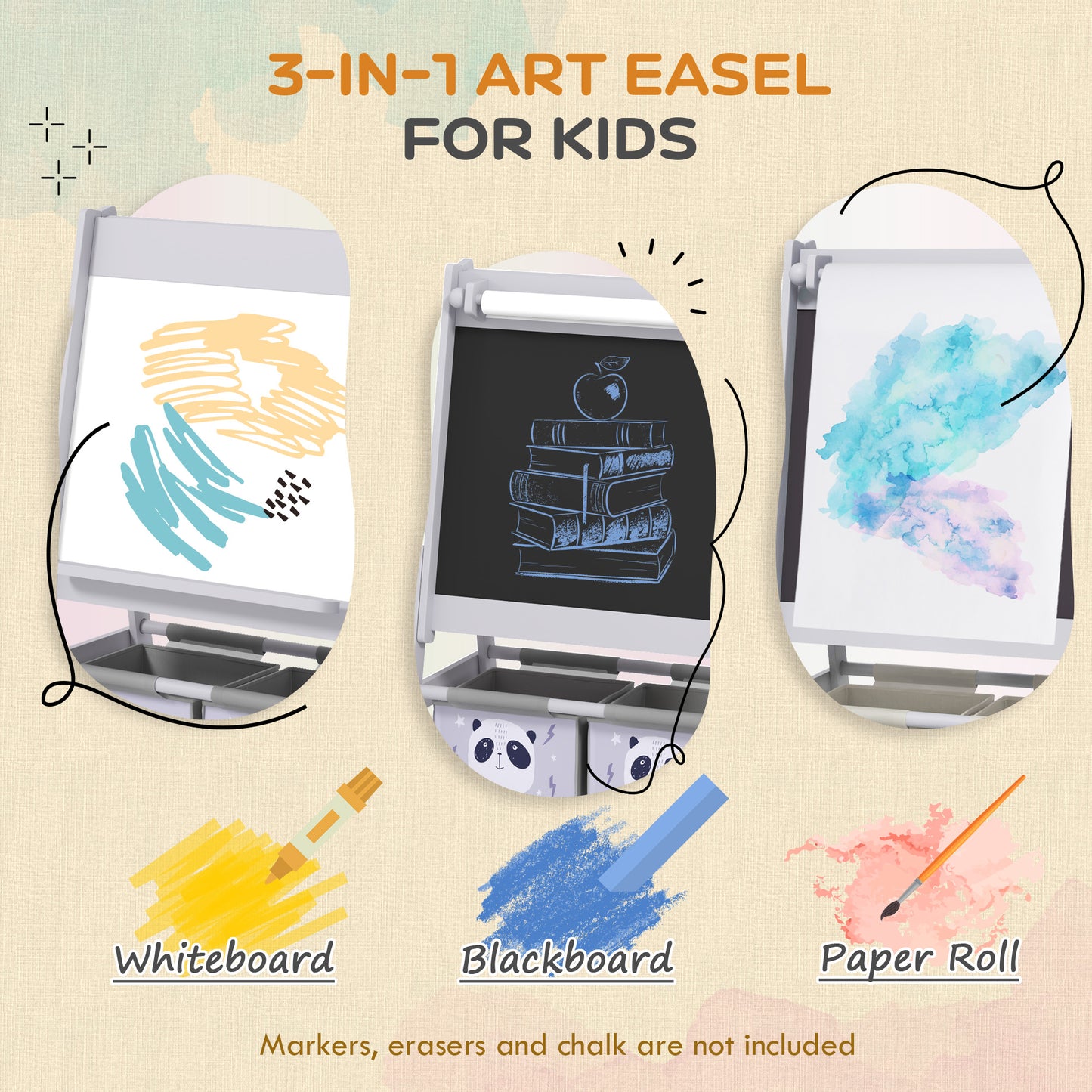 AIYAPLAY 3-In-1 Kids Easel with Paper Roll, Art Easel, with Storage - Grey--ChewyGames-ChewyGames