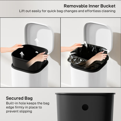 HOMCOM 30L Kitchen Bin, Compact Pedal Bin with Soft-Close and Stay-Open Lid, Removable Bucket for Kitchen, Home, Office, White