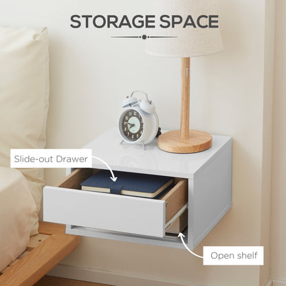 HOMCOM Set of Two Floating Bedside Tables - High Gloss White