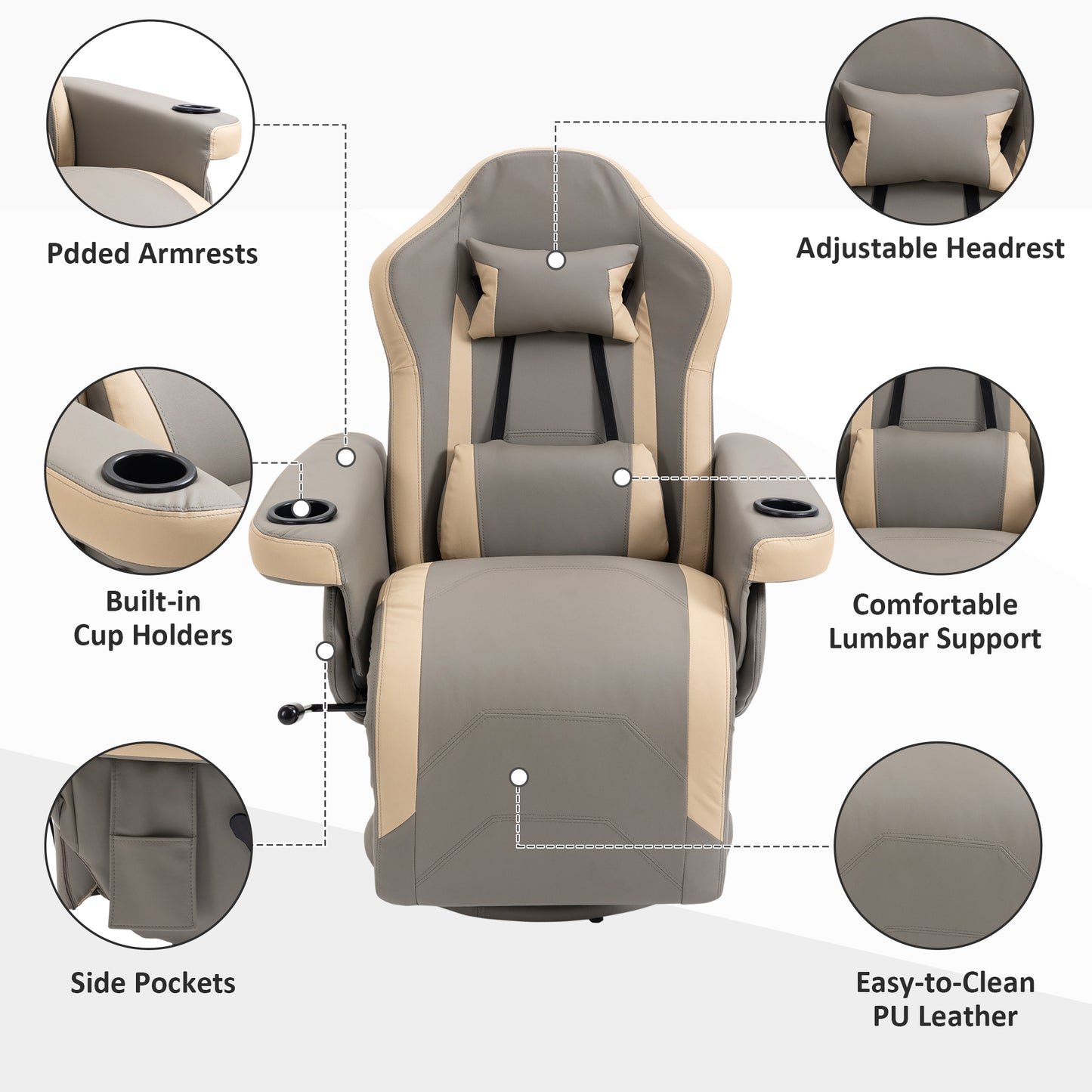 HOMCOM Manual Recliner Armchair PU Leather Lounge Chair w/ Adjustable Leg Rest, 135° Reclining Function, Grey