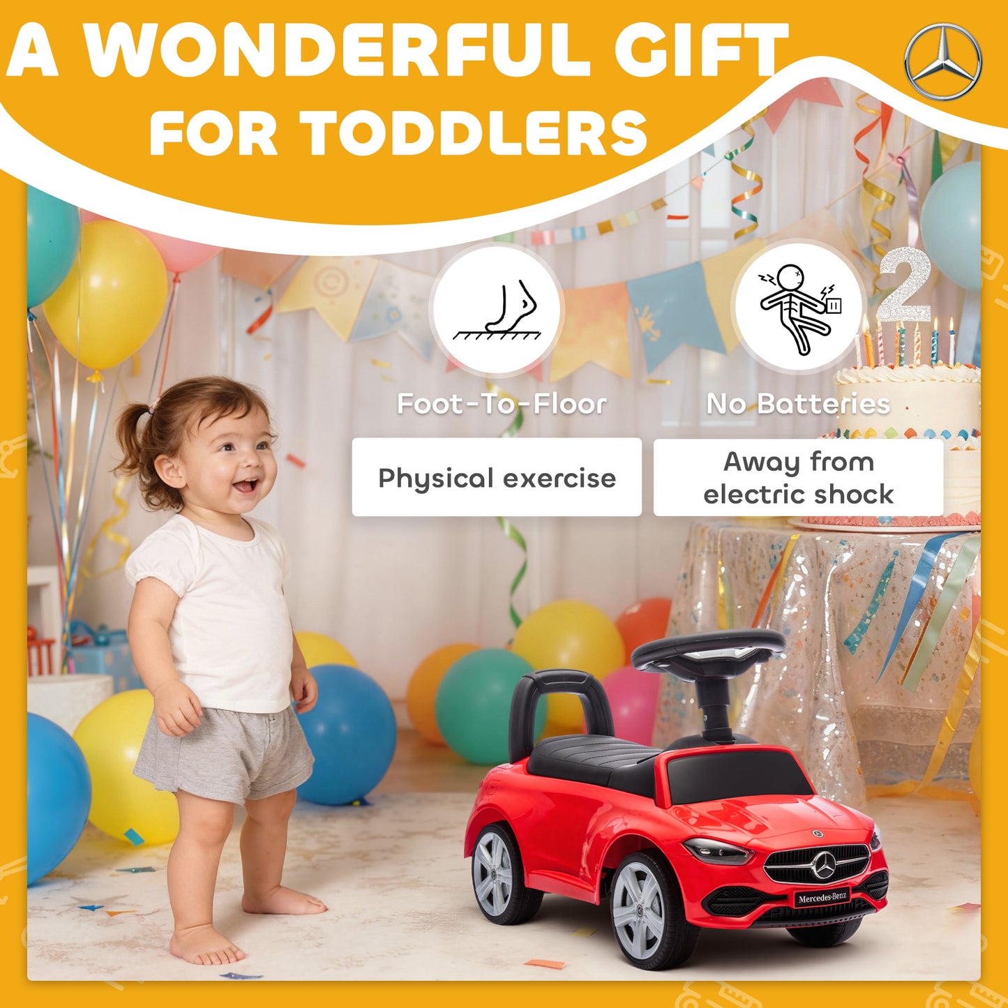 AIYAPLAY Official Mercedes-Benz Ride On Car, Foot to Floor Sliding Walker with Horn, Engine Sounds and Under-Seat Storage, Red