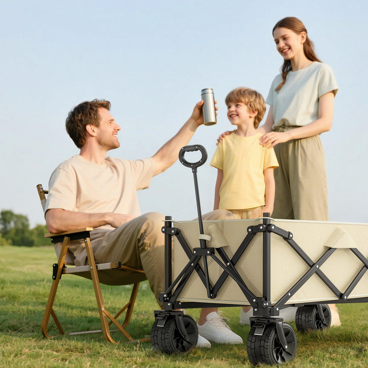 Outsunny Folding Garden Trolley, Outdoor Wagon Cart with Carry Bag, for Beach, Camping, Festival, 120KG Capacity, Khaki