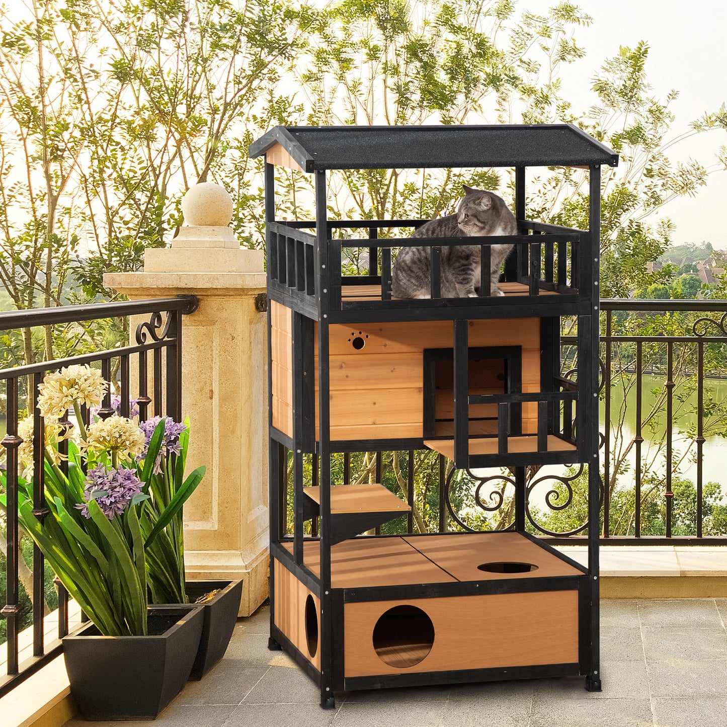 PawHut Wooden Outdoor Cat House, 3-Tier Cat Shelter with Tilted Roof, Terrace, Jump Step, Bottom Tray, Yellow