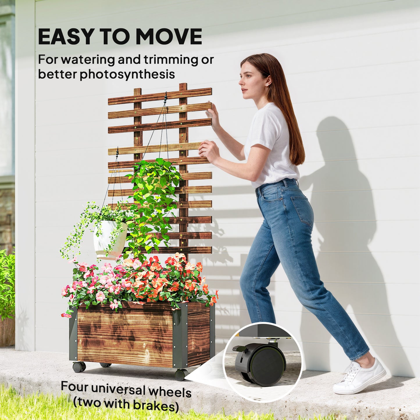 Outsunny Raised Garden Bed with Trellis, Outdoor Wooden Planter Box with Metal Corners and Wheels, Raised Bed for Garden