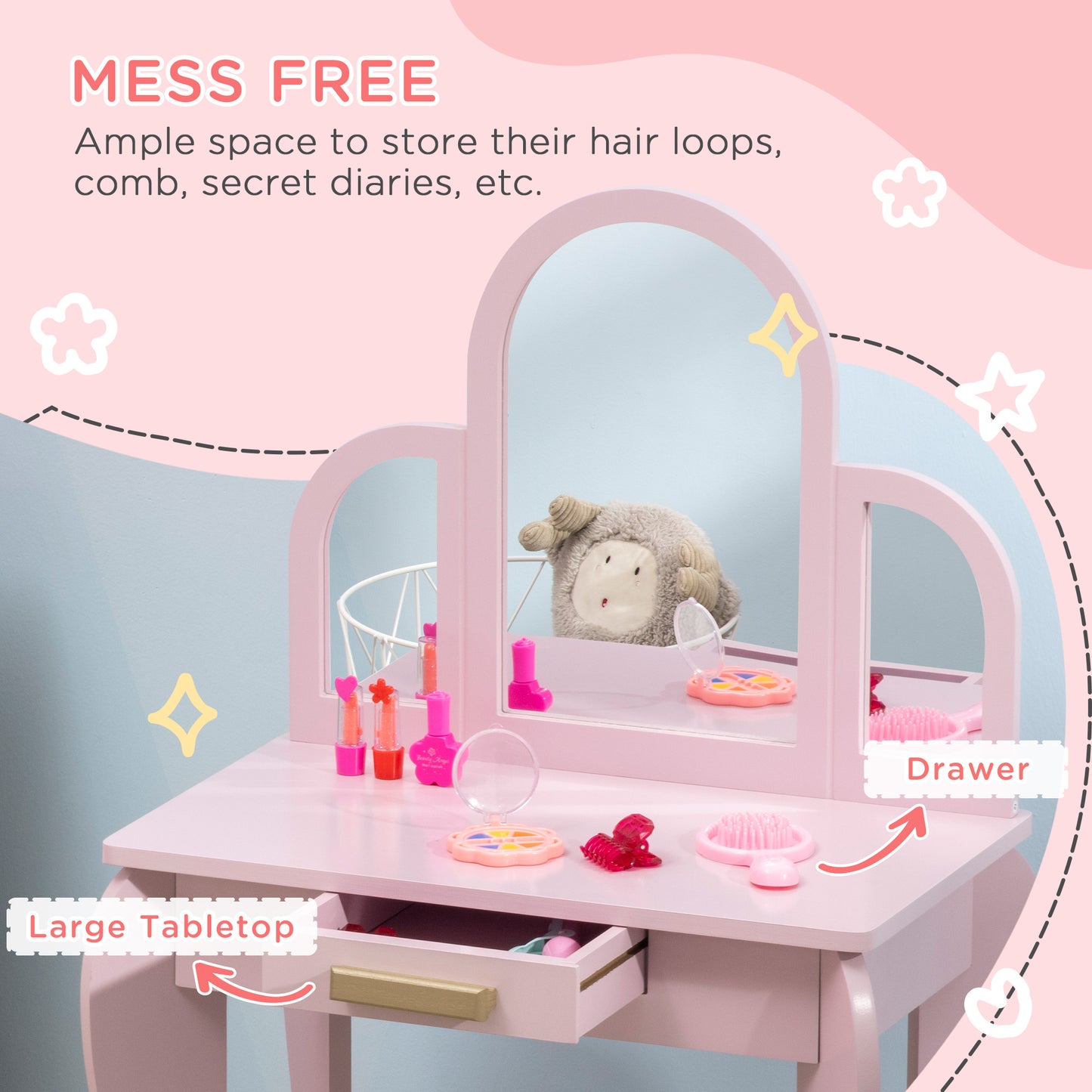HOMCOM Kids Dressing Table Set, with Mirror and Drawer - Pink--ChewyGames-ChewyGames