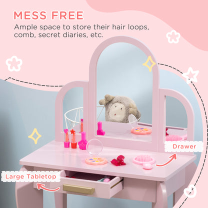 HOMCOM Kids Dressing Table Set, with Mirror and Drawer - Pink--ChewyGames-ChewyGames