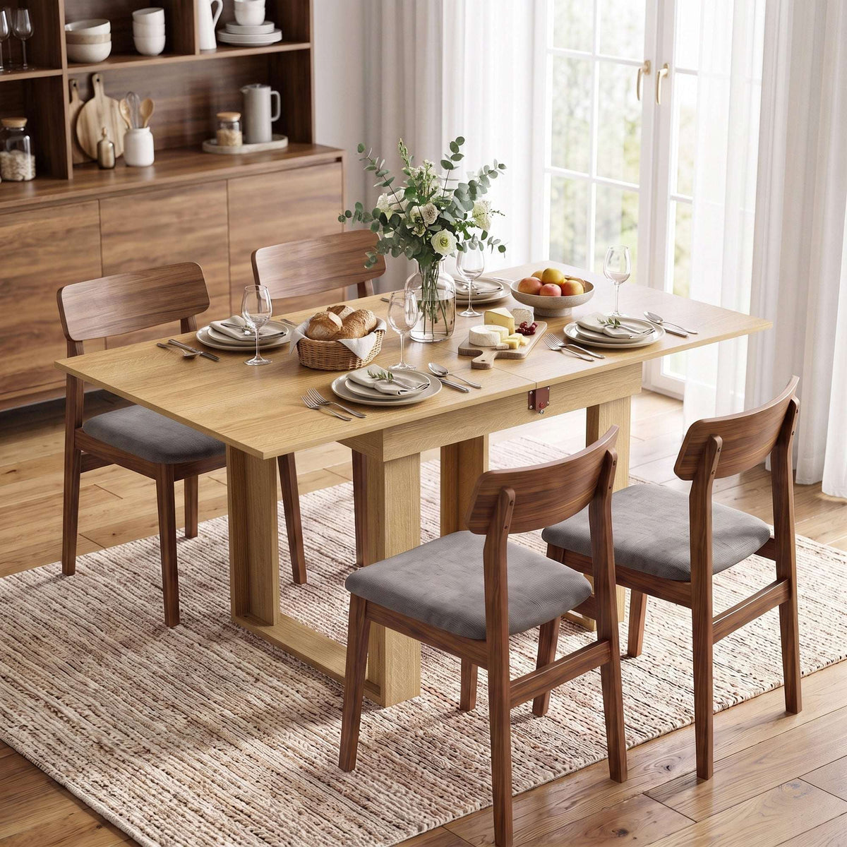 HOMCOM Folding Dining Table Under-Table Storage Extendable Kitchen Table Steel Rail Oak Effect