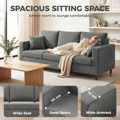 HOMCOM 3 Seater Sofa with Wide Seat, Corduroy Fabric Couch with Deep Seat, Spring Cushion, Light Grey