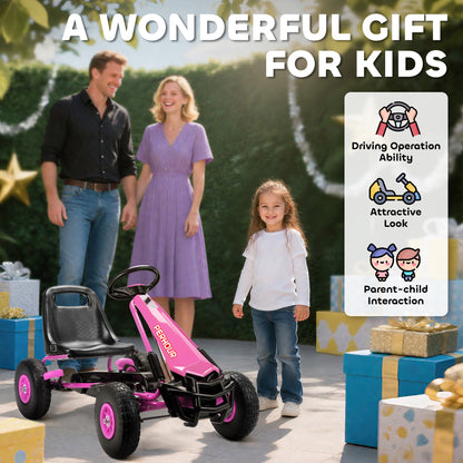 AIYAPLAY Kids Pedal Go Kart with Adjustable Seat, EVA Tyres, Manual Clutch, Brake, Go Kart for Kids 3-8 Years, Pink
