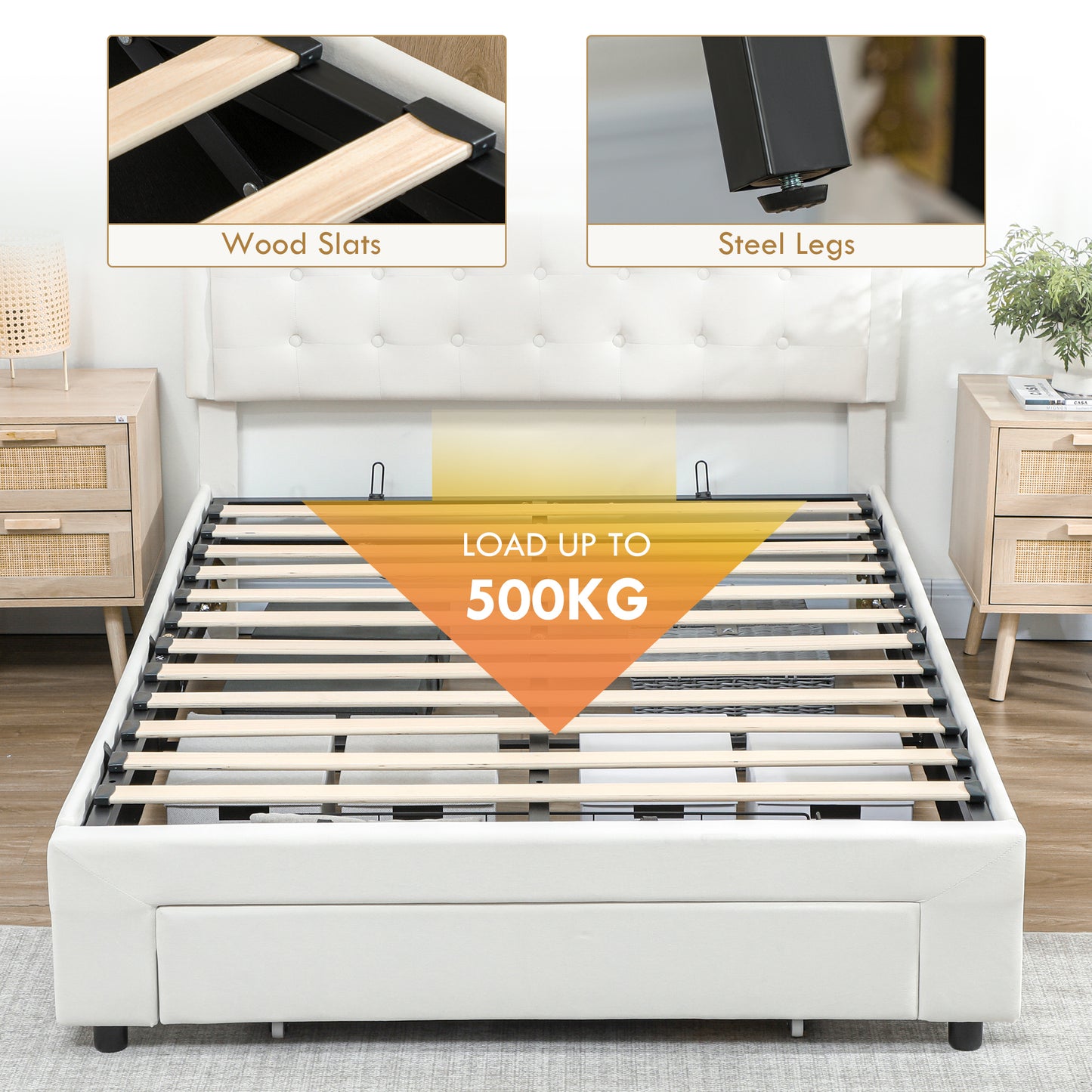 HOMCOM Double Ottoman Bed Frame, with Front Drawer Cream