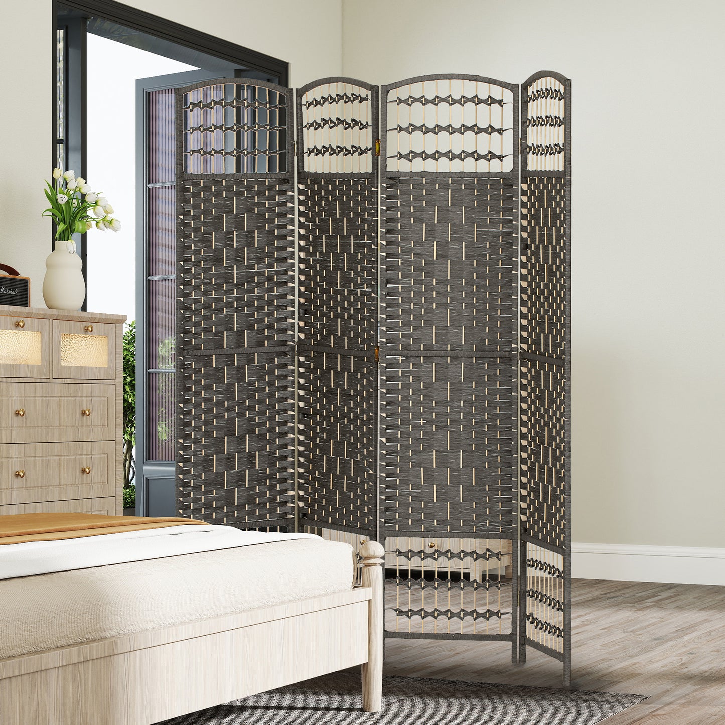 HOMCOM 4 Panel Folding Privacy Screen, Room Divider with Pine Wood Frame for Living Room and Office, Dark Grey