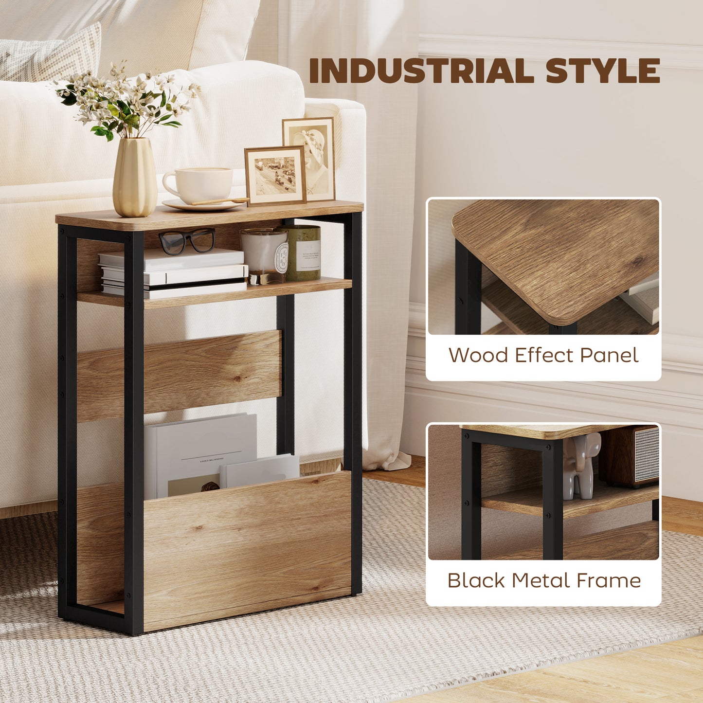 HOMCOM Industrial-Style Side Table - Black/Walnut Brown