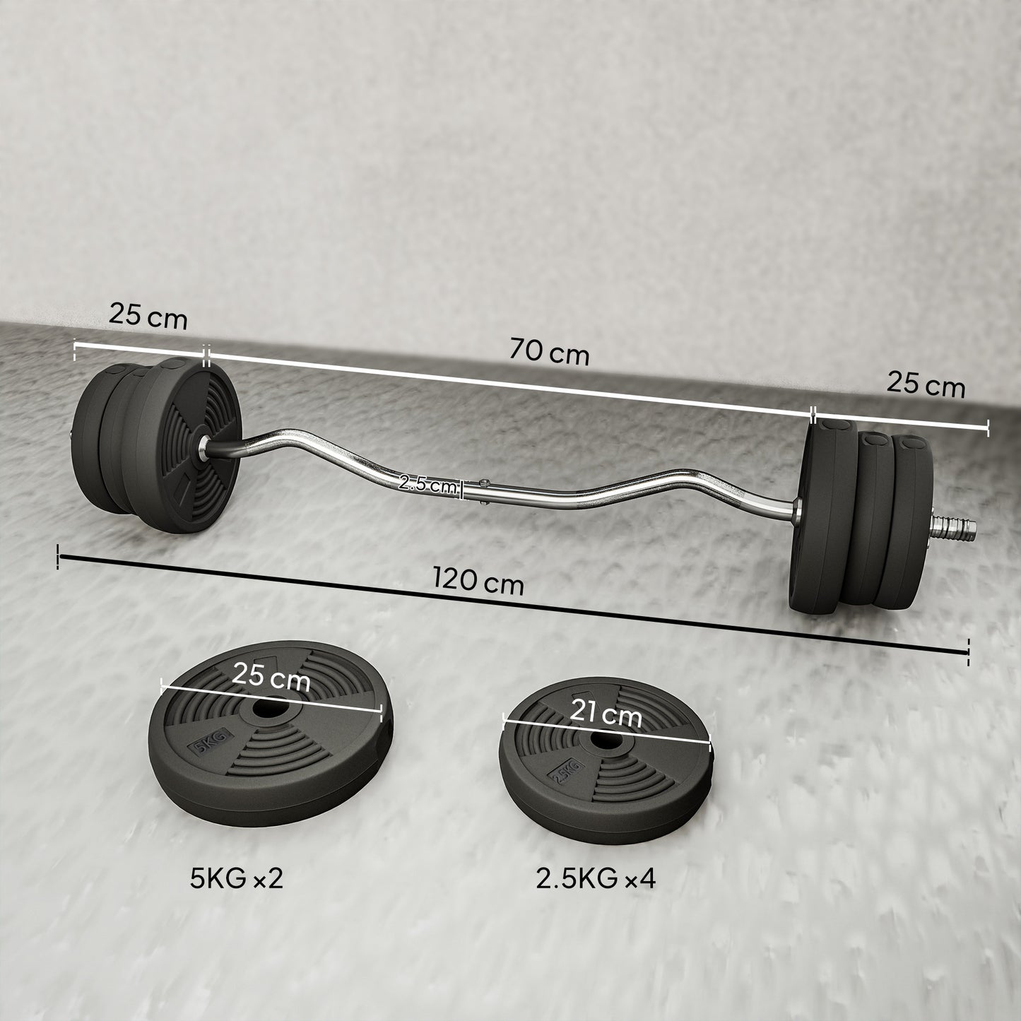 SPORTNOW 25kg Barbell Set, Adjustable Weights with Curl bar and Non-Slip Handle, for Women and Men Weight Lifting Training